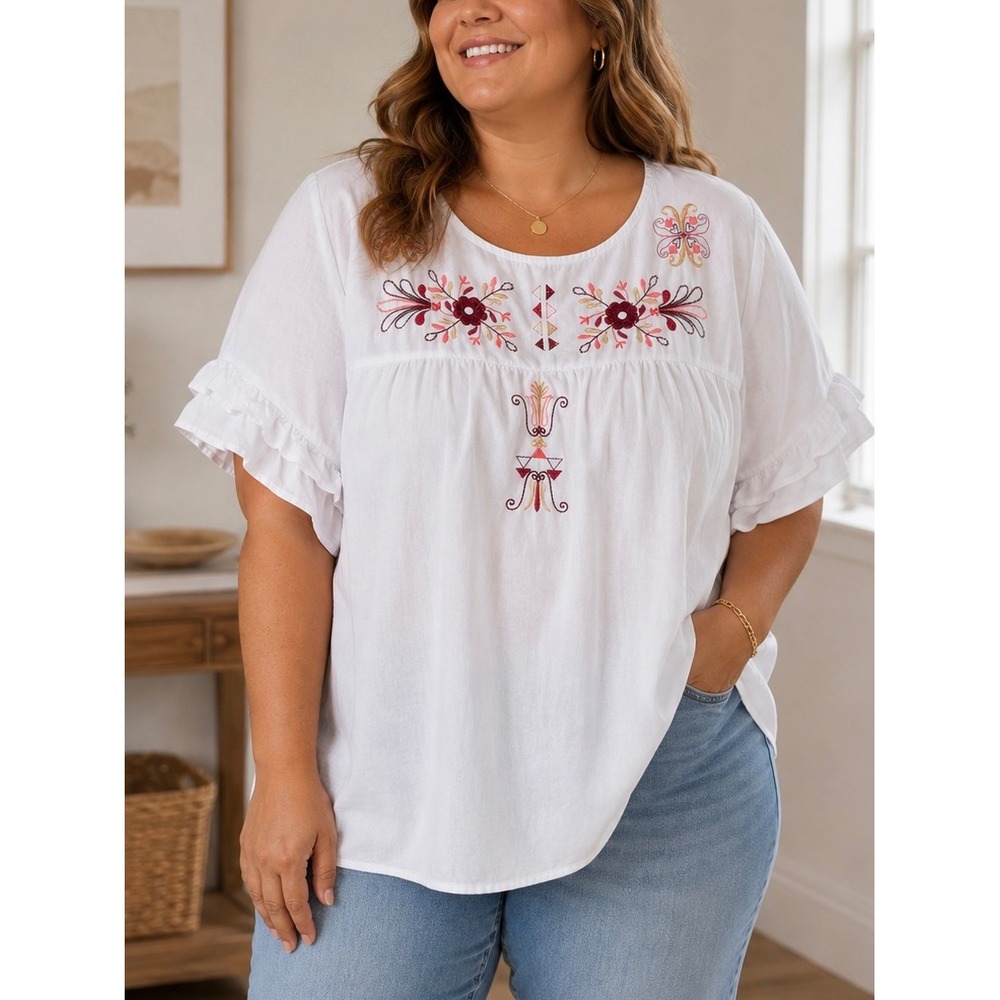 Serra Womens XL White Embroidered Boho Blouse Cotton Ruffle Sleeve Top